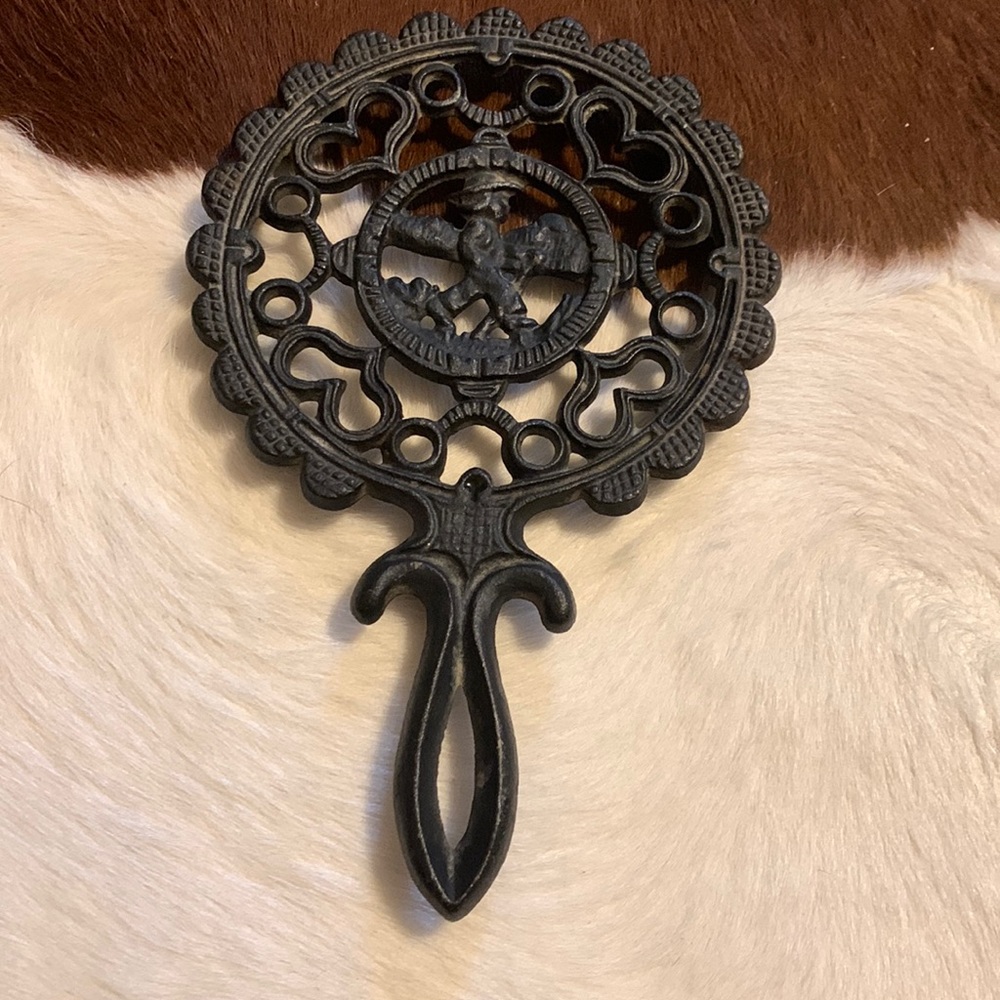 Vintage JZH 1952 20 Cast Iron Art Trivet Amish Boy Hearts Black Metal Primitive